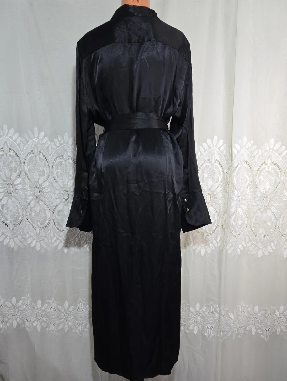 J. CREW Elegant Classic Black Satin Shirt Dress with Waist Tie Sz 18